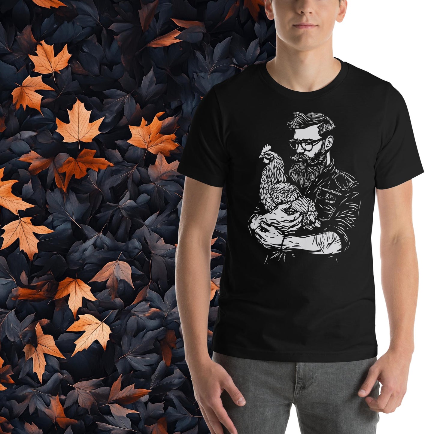 Farmer and Chicken, Unisex Rural Living Graphic T-Shirt