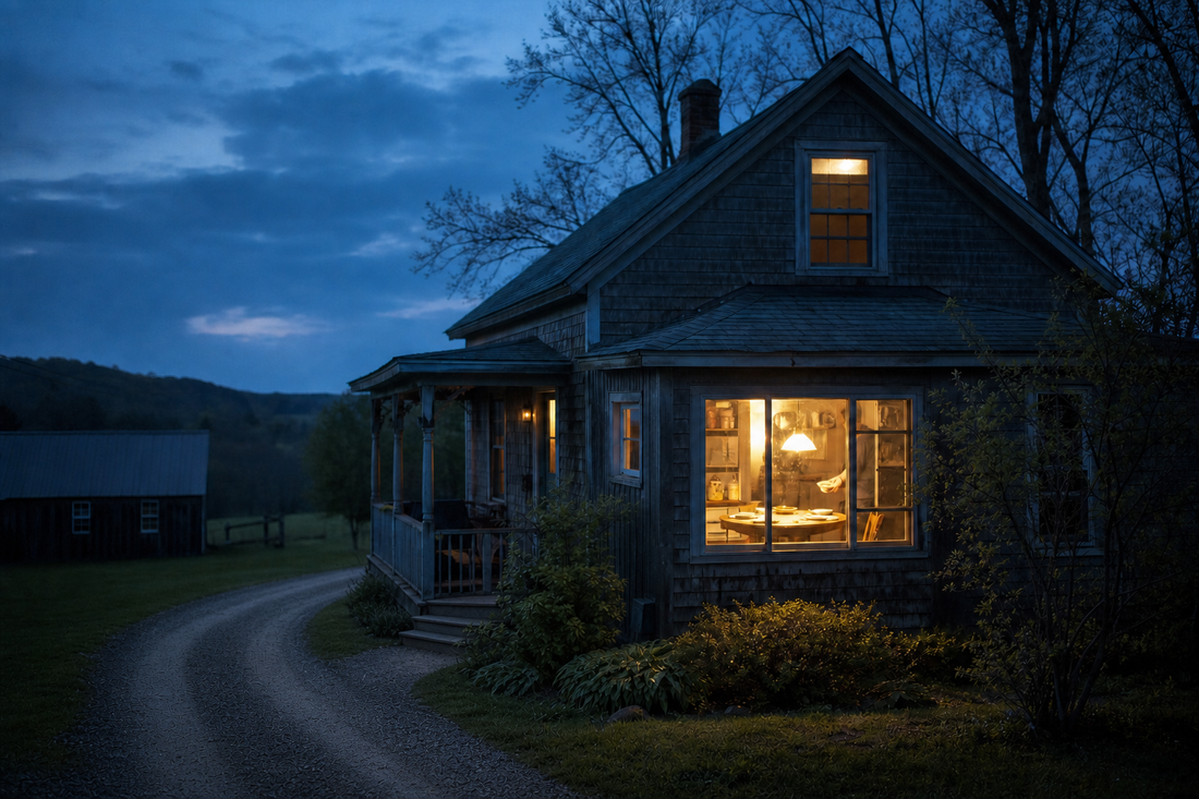 A rural home at blue hour with a warmly lit kitchen window, a table set inside, and a practical gravel drive leading to the porch