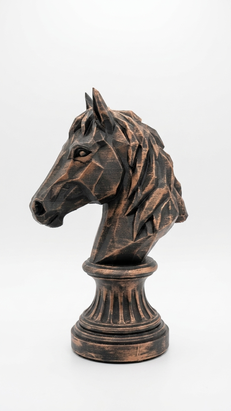 Bronze-finish geometric horse bust on an integrated pedestal, shown on a white background.