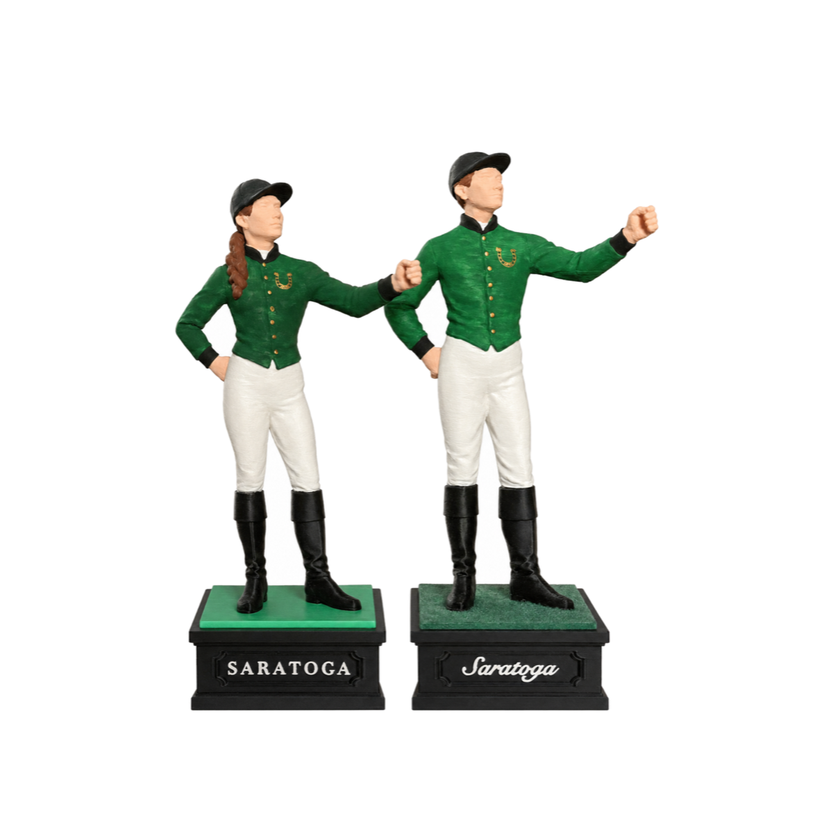 Full green and gold jockey statue, uncropped